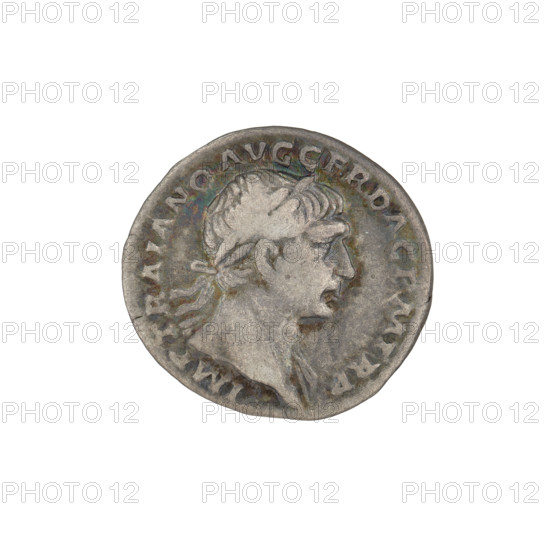 Denarius; Obv.: head of Trajan decorated with a laurel wreath facing right; rim inscription: IMP TRAIANO AVG GER DAC PM TR P. Rev.: Fortuna standing left, dressed in a long dress with draperies, right hand outstretched holding a rudder attached to the bow, left hand holding a cornucopia; rim inscription: COS VP P SPQR OPTIMO PRINC. Date: 103–111. Roman Empire (27 BC–476). Rome. Coin. Weight: 3.10 g.