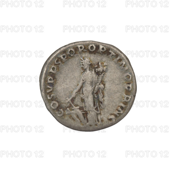Denarius; Obv.: head of Trajan with laurel wreath facing right; rim inscription: IMP TRAIANO AVG GER DAC PM TR P. Rev.: Fortuna standing left, wearing long draped dress, right hand outstretched holding a rudder attached to a bow, left hand holding a cornucopia; rim inscription: COS VPP SPQR OPTIMO PRINC. Dates: 103–111 CE. Roman Empire (27 BCE–476 CE). Material: coin. Weight: 3.10 g.