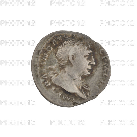 Denarius; obverse: head of Trajan wearing a laurel wreath facing right; rim inscription 'IMP TRAIANO AVG'. Reverse: Fortuna standing left, wearing a long draped dress, right hand outstretched holding a rudder attached to a ship's prow, left hand holding a cornucopia; rim inscription 'COS VPP SPQR OPTIMO PRINC'. Date: 103–111 CE. Roman Empire; Rome. Coin; weight 3.20 g.