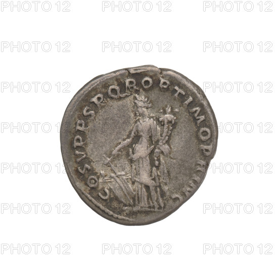 Denarius; obverse: head of Trajan wearing a laurel wreath facing right; rim inscription 'IMP TRAIANO AVG'. Reverse: Fortuna standing left, dressed in a long draped gown, right hand outstretched holding a rudder attached to a prow, left hand holding a cornucopia; rim inscription 'COS V P P S P Q R OPTIMO PRINC'. Date: 103–111 CE. Roman Imperial coin, Rome; weight 3.20 g.