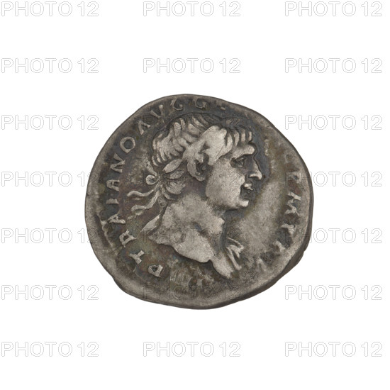 denarius; Obv.: head of Trajan decorated with a laurel wreath facing right; rim inscription: IMP TRAIANO AVG G, PM TR P. Rev.: Fortuna standing left, dressed in a long dress with draperies, right hand outstretched holding a rudder attached to the bow, left hand holding a cornucopia; rim inscription: COS VPPSPQR OPTIMO PRINC. 103–111 CE. Roman Empire (27 BC–476). Rome. Coin; weight 2.95 g.