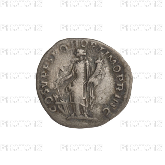 denarius, laurel wreaths, cornucopias, heads, Fortuna (personification). Obv.: head of Trajan decorated with a laurel wreath facing right; rim inscription: IMP TRAIANO AVG G, PM TR P. Rev.: Fortuna standing left, dressed in a long dress with draperies, with her right outstretched hand holding a rudder attached to the bow, in her left hand a cornucopia; rim inscription: COS VP P SP QR OPTIMO PRINC. 103–111 CE, Roman Empire (27 BC–476), Rome. Coin, weight 2.95 g.