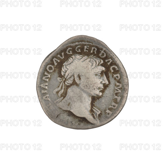 Denarius; Obv.: head of Trajan wearing a laurel wreath facing right; rim inscription: IMP TRAIANO AVG GER DAC PM TR P. Rev.: Fortuna standing left, dressed in a long draped dress, right hand outstretched holding a rudder attached to a bow, left hand holding a cornucopia; rim inscription: COS VPPSPQR OPTIMO PRINC. Date: 103–111 CE. Roman Empire (27 BCE–476 CE). Rome. Coin; weight 3.07 g.