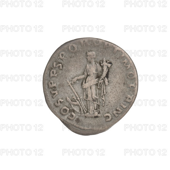 Denarius; Obv.: head of Trajan with laurel wreath facing right; rim inscription: IMP TRAIANO AVG GER DAC PM TR P. Rev.: Fortuna standing left, in a long dress with draperies, right hand outstretched holding a rudder attached to a bow, left hand holding a cornucopia; rim inscription: COS VP P SPQR OPTIMO PRINC. Date: 103–111. Roman Empire (27 BC–476). Rome. Coin; weight 3.07 g.