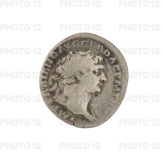 Denarius; Obv.: head of Trajan wearing a laurel wreath, facing right; rim inscription: IMP TRAIANO AVG GER DAC PM TR P. Rev.: Fortuna standing left, wearing a long dress with drapery, right hand outstretched holding a rudder attached to a bow, left hand holding a cornucopia; rim inscription: COS V P P SPQR OPTIMO PRINC. 103–111 CE. Roman Empire (27 BCE–476 CE). Rome. Coin; weight 3.90 g.