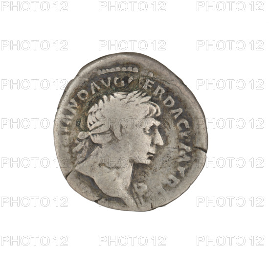 Denarius; obverse: head of Trajan adorned with a laurel wreath facing right; rim inscription: IANO AVG GER DAC PM TR P. Reverse: Fortuna standing left, dressed in a long draped dress, right hand outstretched holding a rudder attached to a bow, left hand holding a cornucopia; rim inscription: COS VPPSPQR OPTIMO. 103–111 CE. Roman Empire (27 BC–476). Rome. Coin, weight 3.15 g.