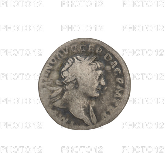 denarius; Obv.: head of Trajan decorated with a laurel wreath facing right; rim inscription: IMP TRAIANO AVG GER DAC PM TR P. Rev.: Fortuna standing left, dressed in a long dress with draperies, right hand outstretched holding a rudder attached to the bow, left hand holding a cornucopia; rim inscription: COS V P P S P Q R OPTIMO PRINC. 103–111 CE. Roman Empire (27 BC–476). Rome. Coin; weight 3.10 g.