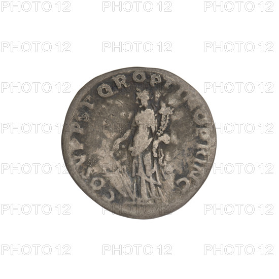 denarius; Obv.: head of Trajan decorated with a laurel wreath facing right; rim inscription: IMP TRAIANO AVG GER DAC PM TR P. Rev.: Fortuna standing left, dressed in a long dress with draperies, right hand outstretched holding a rudder attached to a ship's bow, left hand holding a cornucopia; rim inscription: COS V P P S P Q R OPTIMO PRINC. Date: 103–111 CE. Roman Empire (27 BC–476). Rome. Coin; weight 3.10 g.