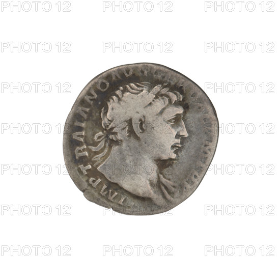 Denarius, Obv.: head of Trajan decorated with a laurel wreath facing right; rim inscription: IMP TRAIANO AVG GER DAC PM TR P. Rev.: Fortuna standing left, dressed in a long dress with draperies, with her right outstretched hand holding a rudder attached to the bow, in her left hand a cornucopia; rim inscription: COS VPPSPQR OPTIMO PRINC. 103–111 CE. Roman Empire (27 BC–476). Rome. Coin; weight 3.15 g.