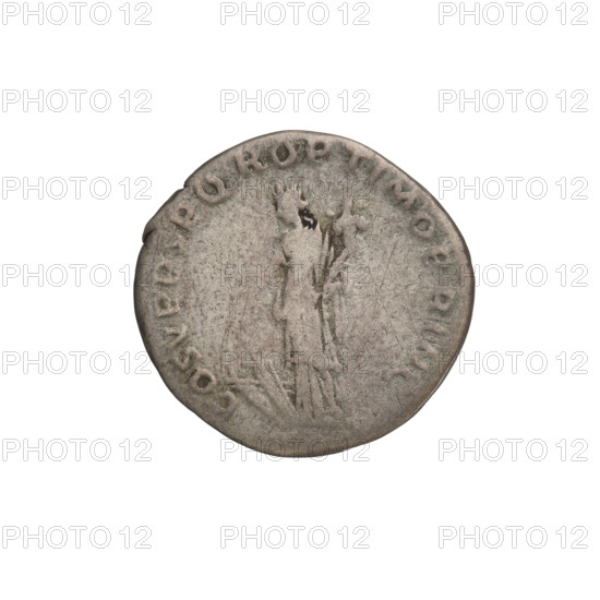 denarius, Fortuna (personification), cornucopias, laurel wreaths, heads. Obv.: head of Trajan decorated with a laurel wreath facing right; rim inscription: IMP TRAIANO AVG GER DAC PM TR P. Rev.: Fortuna standing left, dressed in a long dress with draperies, with her right outstretched hand holding a rudder attached to the bow, in her left hand a cornucopia; rim inscription: COS VPPSPQR OPTIMO PRINC. 103–111 CE. Roman Empire (27 BC–476). Rome. Coin. Weight: 3.15 g.
