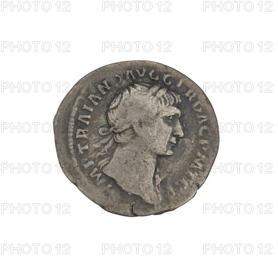 Denarius; Obv.: head of Trajan with laurel wreath facing right; rim inscription: IMP TRAIANO AVG GER DAC PM TR P. Rev.: Fortuna standing left, dressed in a long draped gown, right hand outstretched holding a rudder attached to a ship's bow, left hand holding a cornucopia; rim inscription: COS VPPSPQR OPTIMO PRINC. 103–111 CE. Roman Empire; Rome. Coin; weight 3.60 g.