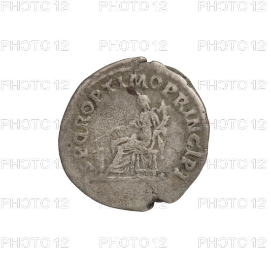 Denarius; Obv.: head of Trajan wearing a laurel wreath facing right; rim inscription IMP TRAIANO AVG GER DAC PM TR P COS V PP. Rev.: Fortuna seated left in a long dress with draperies, holding a rudder in her outstretched right hand and a cornucopia in her left; rim inscription SPQR OPTIMO PRINCIPI. 103–111 CE. Roman Empire (27 BCE–476 CE). Rome. Silver coin; weight 3.10 g.