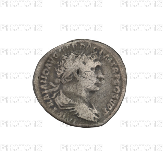 Denarius; obverse: head of Trajan wearing a laurel wreath facing right; rim inscription 'IMP TRAIANO AVG GER DAC PM TR P COS VPP'. Reverse: Fortuna seated left, in a long draped dress, holding a rudder in her outstretched right hand and a cornucopia in her left; rim inscription 'SPQR OPTIMO PRINCIPI'. Date: 103–111 CE. Roman Empire (27 BCE–476 CE). Rome. Coin; weight 2.70 g.
