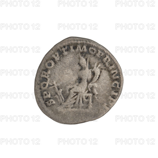 Denarius depicting Fortuna (personification) with rudders, laurel wreaths, heads, and cornucopias. Obv.: head of Trajan wearing a laurel wreath to the right; rim inscription: IMP TRAIANO AVG GER DAC PM TR P COS VPP. Rev.: Fortuna seated left, wearing a long draped dress, holding a rudder in her outstretched right hand and a cornucopia in her left; rim inscription: SPQR OPTIMO PRINCIPI. Date: 103–111 CE. Roman Empire (27 BC–476). Rome. Coin; weight 2.70 g.
