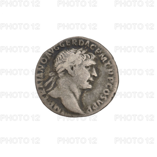 Denarius depicting Fortuna (personification) and cornucopias; Obverse: head of Trajan wearing a laurel wreath facing right; rim inscription 'IMP TRAIANO AVG GER DAC PM TR P COS VPP'. Reverse: Fortuna seated left, wearing a long dress with draperies, holding a rudder in her outstretched right hand and a cornucopia in her left; rim inscription 'SPQR OPTIMO PRINCIPI'. Date: 103–111 CE. Roman Empire (27 BC–476). Rome. Coin; weight 3.05 g.