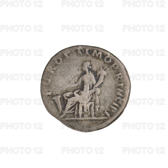 Denarius depicting Fortuna (personification) with cornucopiae and laurel wreaths. Obverse: head of Trajan wearing a laurel wreath facing right; rim inscription: IMP TRAIANO AVG GER DAC PM TR P COS VPP. Reverse: Fortuna seated left, dressed in a long gown with drapery, holding a rudder in her outstretched right hand and a cornucopia in her left; rim inscription: SPQR OPTIMO PRINCIPI. Date: 103–111 CE. Roman Empire (27 BC–476). Medium: coin; weight 3.05 g.