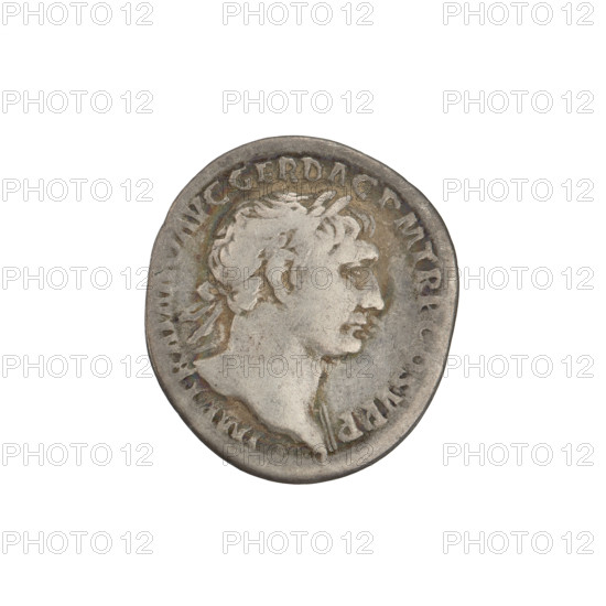 Denarius, Obv.: head of Trajan with laurel wreath facing right; rim inscription: IMP TRAIANO AVG GER DAC PM TR P COS V PP. Rev.: Fortuna seated left, wearing long dress with draperies, holding a rudder in her right outstretched hand and a cornucopia in her left; rim inscription: SPQR OPTIM. 103–111 CE. Roman Empire (27 BCE–476 CE). Rome. Coin; weight 3.19 g.