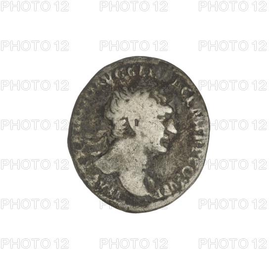 Denarius; obverse: head of Trajan right, laurel wreath; rim inscription (poorly legible). Reverse: Fortuna seated left, wearing a long dress with draperies, holding a rudder in her right outstretched hand and a cornucopia in her left; rim inscription: SPQR OPTIMO P. Date: 103–111 CE. Roman Empire (27 BCE–476 CE). Rome. Coin; weight 3.07 g.