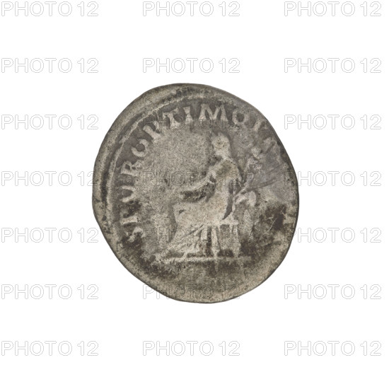 Denarius; Obverse: head of Trajan wearing a laurel wreath, facing right; rim inscription (poorly legible). Reverse: Fortuna seated left, wearing a long dress with draperies, holding a rudder in her outstretched right hand and a cornucopia in her left; rim inscription: SPQR OPTIMO P. Date: 103–111 CE. Roman Empire (27 BCE–476 CE). Rome. Coin; weight 3.07 g.