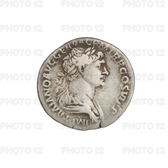 Denarius depicting Genius (mythological). Obverse: bust of Trajan facing right, wearing a laurel wreath and robe; rim inscription: IMP TRAIANO AVG GER DAC PM TR P COS VPP. Reverse: Genius, nude, standing left, holding a patera in his outstretched right hand and a corn cob in his lowered left; rim inscription: SPQR OPTIMO PRINCIPI. Date: 103–111 CE. Roman Empire (27 BC–476). Material: coin; weight: 3.25 g.
