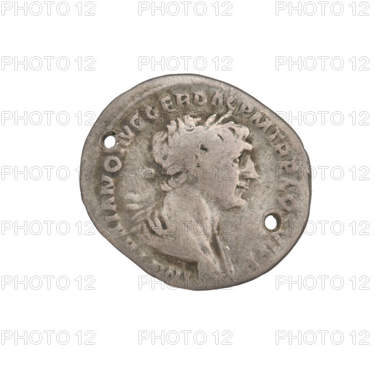 Denarius; Obv.: bust of Trajan facing right, wearing a laurel wreath and robe; rim inscription: IMP TRAIANO AVG GER DAC PM TR P COS V PP. Rev.: Genius, naked, standing left, holding a patera in his outstretched right hand and a corn cob in his lowered left; rim inscription: SPQR OPTIMO PRINC. Coin has two round holes, intentionally made for hanging. Date: 103–111 CE. Roman Empire (27 BCE–476 CE). Rome. Coin; weight 3.35 g.