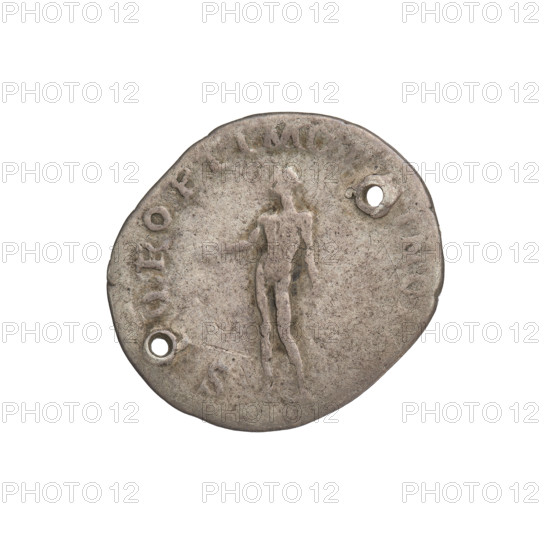 Denarius; Obv.: bust of Trajan facing right, wearing a laurel wreath and robe; rim inscription: IMP TRAIANO AVG GER DAC PM TR P COS VPP. Rev.: Genius, naked, standing left, holding a patera in his outstretched right hand and a corn cob in his lowered left hand; rim inscription: SPQR OPTIMO PRINC. The coin has two round holes, likely intentional for hanging. Date: 103–111 CE. Roman Empire (27 BC–476). Rome. Material: coin. Weight: 3.35 g.