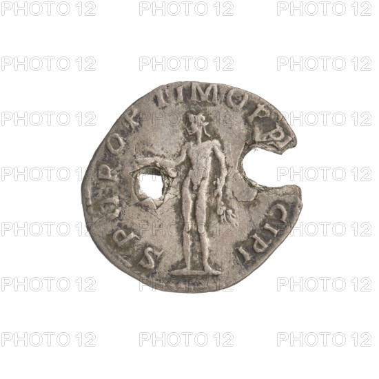 Denarius; Obverse: bust of Trajan facing right, wearing a laurel wreath and robe; rim inscription: IMP TRAIANO AVG GER DAC PM TR P COS VPP. Reverse: Genius naked, standing left, holding a patera in his outstretched right hand and corncobs in his lowered left hand; rim inscription: SPQR OPTIMO PRINCIPI. Coin has two round intentional holes, one widened enough to break off a piece of the coin (presumably to be worn). Date: 103–111. Roman Empire (27 BC–476). Rome. Material: coin. Weight: 2.87 g.