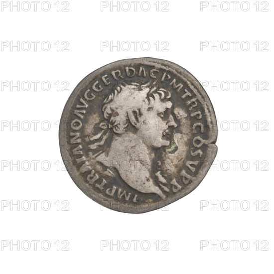 Denarius; obverse: bust of Trajan facing right, laurel-wreathed and robed; rim inscription IMP TRAIANO AVG GER DAC PM TR P COS VPP. Reverse: Genius, girded with a robe, stands facing left, holding a patera in his outstretched right hand and a cornucopia in his left; rim inscription SPQR OPTIMO PRINCIPI. 103–111 CE. Roman Empire (27 BC–476). Rome. Coin; weight 2.75 g.