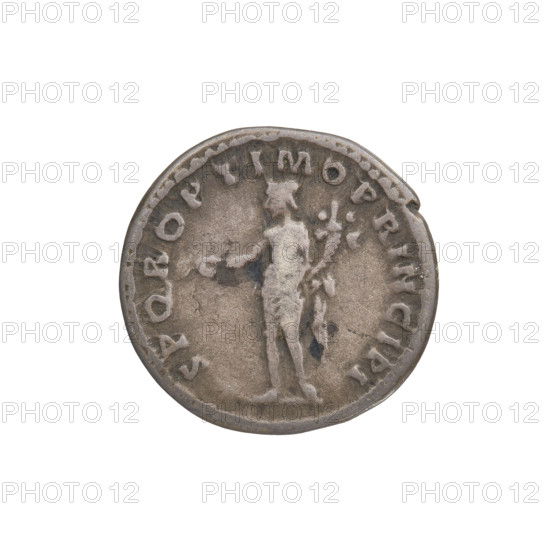 Denarius; Obverse: bust of Trajan facing right, wearing a laurel wreath and robe; rim inscription 'IMP TRAIANO AVG GER DAC PM TR P COS VPP'. Reverse: Genius, girded only with a robe, stands facing left, holding a patera in his outstretched right hand and a cornucopia in his left; rim inscription 'SPQR OPTIMO PRINCIPI'. Date: 103–111 CE. Roman Empire (27 BC–476). Rome. Coin; weight 2.75 g. Subjects/icons: genius (mythology), cornucopias, paterae, laurel wreaths, heads.