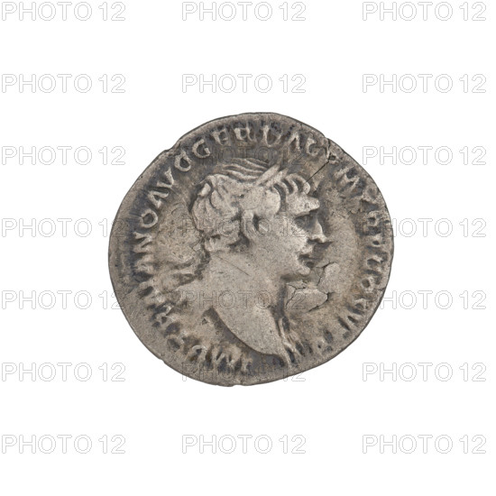 Denarius, Trajan (53–117; Roman emperor 98–117). Obv.: bust of Trajan facing right, wearing a laurel wreath and robe; rim inscription: IMP TRAIANO AVG GER DAC PM TR P COS VPP. Rev.: The genius, girded only with a robe, stands facing left, holding a patera in his outstretched right hand to consecrate gifts over the altar below and a cornucopia in his left; rim inscription: SPQR OPTIMO PRINCIPI. Date: 103–111. Roman Empire (27 BC–476), Rome. Coin, weight 3.08 g.