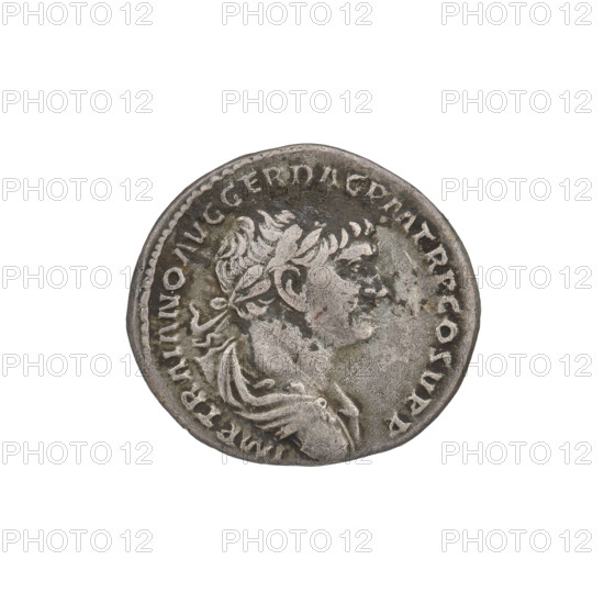 denarius, Trajan (53–117; Roman emperor 98–117); obverse: bust of Trajan facing right, wearing a laurel wreath and robe; rim inscription: IMP TRAIANO AVG GER DAC PM TR P COS VPP. Reverse: the Genius, girded only with a robe, stands facing left, holding a patera in his outstretched right hand and a cornucopia in his left; rim inscription: SPQR OPTIMO PRINCIPI. Date: 103–111. Roman Empire (27 BC–476), Rome. Coin; weight 2.22 g.