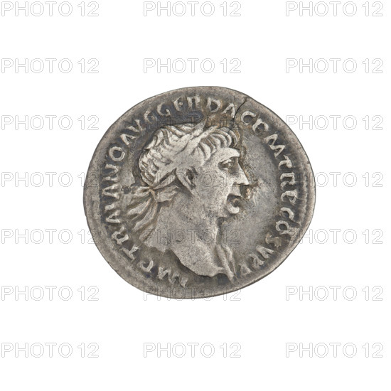 Denarius of Trajan (53–117; Roman Emperor 98–117). Obverse: bust of Trajan facing right, wearing a laurel wreath and robe; rim inscription: IMP TRAIANO AVG GER DAC PM TR P COS VPP. Reverse: the Genius, girded only with a robe, stands facing left, holding a patera in his outstretched right hand consecrating gifts over an altar below, and a cornucopia in his left; rim inscription: SPQR OPTIMO PRINCIPI. Date: 103–111. Roman Empire (27 BC–476). Coin; weight 2.75 g.