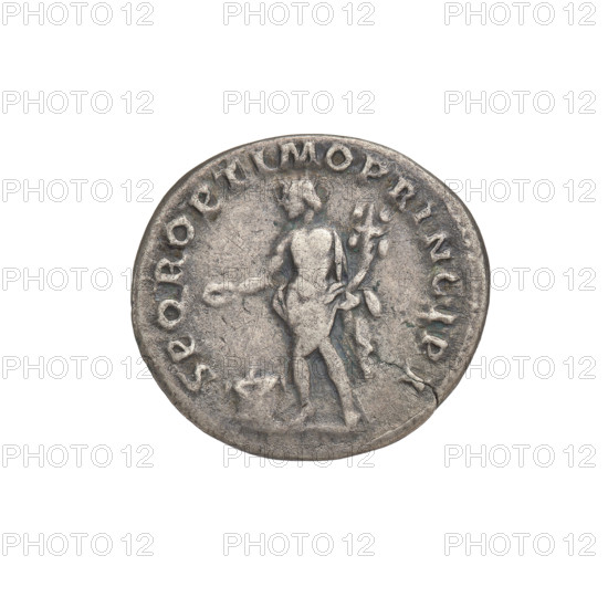 Denarius of Trajan (53–117; Roman Emperor 98–117). Obverse: bust of Trajan facing right, wearing a laurel wreath and robe; rim inscription: IMP TRAIANO AVG GER DAC PM TR P COS VPP. Reverse: the Genius, girded only with a robe, facing left, holding a patera in his outstretched right hand consecrating gifts over an altar below, and a cornucopia in his left hand; rim inscription: SPQR OPTIMO PRINCIPI. Date: 103–111. Roman Empire (27 BC–476). Coin, weight 2.75 g.