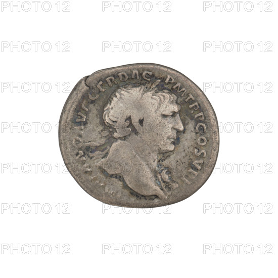 denarius, Trajan (53–117; Roman emperor 98–117); obverse: bust of Trajan facing right, wearing a laurel wreath and a robe; rim inscription: IMP TRAIANO AVG GER DAC PM TR P COS VPP. Reverse: the Genius, girded with a robe, stands facing left, holding a patera in his outstretched right hand consecrating gifts over an altar below, and a cornucopia in his left; rim inscription: SPQR OPTIMO PRINCIPI. Date: 103–111. Roman Empire (27 BC–476). Rome. Coin; weight 3.17 g.