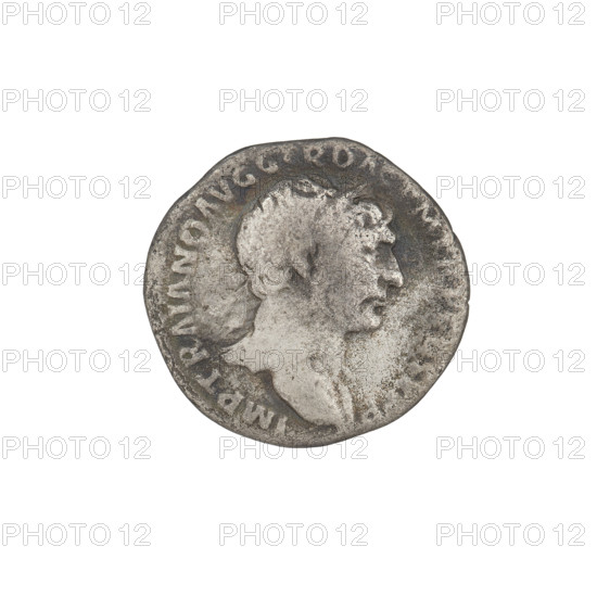 Denarius of Trajan (53–117; Roman emperor 98–117). Obverse: bust of Trajan facing right, wearing a laurel wreath and robe; rim inscription IMP TRAIANO AVG GER DA. Reverse: the Genius, girded with a robe, stands facing left, holding a patera in his outstretched right hand, consecrating gifts over an altar below, and a horn of plenty in his left; rim inscription SPQR OPTIMO PRIN. Date: 103–111. Roman Empire (27 BC–476), Rome. Coin; weight 2.50 g.
