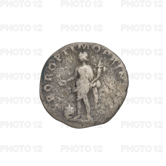 Denarius of Trajan (53–117; Roman emperor 98–117). Obverse: bust of Trajan facing right, wearing a laurel wreath and robe; rim inscription IMP TRAIANO AVG GER DA. Reverse: the Genius, wearing a robe, stands facing left; in his outstretched right hand he holds a patera, consecrating gifts over the altar below, and in his left hand a cornucopia (horn of plenty); rim inscription SPQR OPTIMO PRIN. Date: 103–111. Roman Empire (27 BC–476), Rome. Coin; weight 2.50 g.