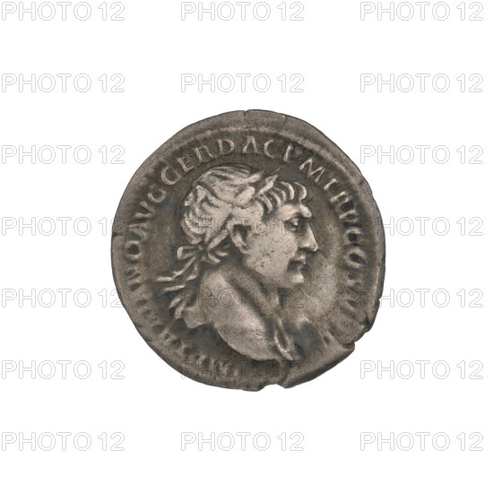 Denarius, Trajan (53–117; Roman emperor 98–117). Obverse: head of Trajan to right, decorated with a laurel wreath; rim inscription IMP TRAIANO AVG GER DAC PM TR P COS VPP. Reverse: Mars standing, head right, in military clothes wearing a helmet, holding a long spear vertically in his right hand and resting on a shield with his left; rim inscription SPQR OPTIMO PRINCIPI. 103–111. Roman Empire (27 BC–476), Rome. Coin; weight 3.01 g.