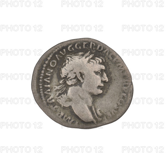 Denarius, Trajan (53–117; Roman emperor 98–117). Obverse: head of Trajan to the right, decorated with a laurel wreath; rim inscription IMP TRAIANO AVG GER DAC PM TR P COS VPP. Reverse: Mars standing straight with head to the right, in military clothes, wearing a helmet, holding a long spear vertically in his right hand, resting on a shield with his left hand; rim inscription SPQR OPTIMO PRINCIPI. Date: 103–111. Rome, Roman Empire (27 BC–476). Coin; weight 2.75 g.