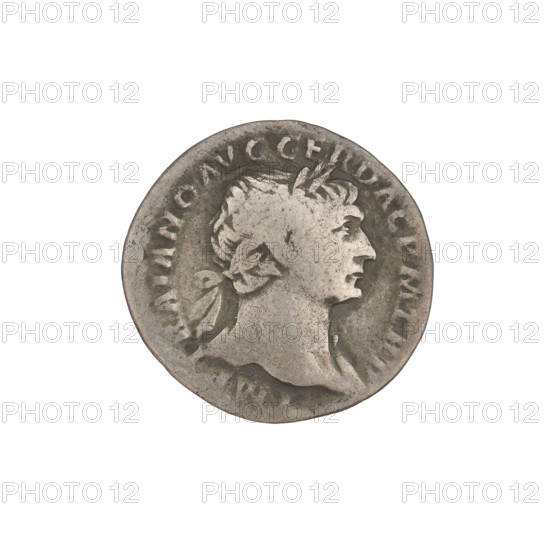 Denarius of Trajan (53–117; Roman emperor 98–117). Obverse: head of Trajan facing right, wearing a laurel wreath; rim inscription: IMP TRAIANO AVG GER DAC PM TR. Reverse: Mars striding left in military dress, wearing a helmet, holding a statuette of Victoria in his right hand and a trophy in his left; rim inscription: COS VPPSPQR OPTIMO PRINC. Date: 103–111. Roman Empire (27 BC–476), Rome. Coin; weight 2.90 g.