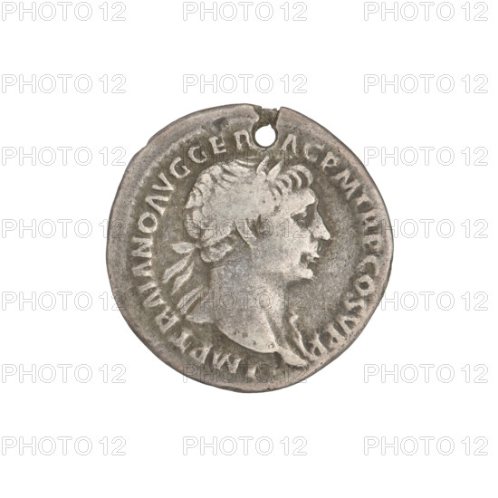 Denarius, Trajan (53–117 CE; Roman emperor 98–117). Obverse: head of Trajan right, decorated with a laurel wreath; rim inscription: IMP TRAIANO AVG GER DAC PM TR. Reverse: Mars striding left in military dress, wearing a helmet, holding a statuette of Victoria in his right hand and a trophy in his left; rim inscription: COS VPPSPQR OPTIMO PRINC. Coin intentionally pierced through (round hole). Date: 103–111 CE. Roman Empire (27 BCE–476 CE). Rome. Coin; weight 2.96 g.