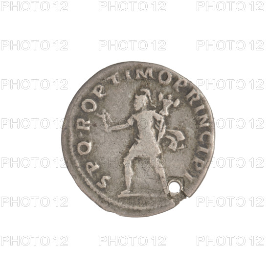 Denarius, Trajan (53–117; Roman emperor 98–117). Obverse: head of Trajan right, decorated with a laurel wreath; rim inscription: IMP TRAIANO AVG GER DAC PM TR. Reverse: Mars striding left in military dress, wearing a helmet, holding a statuette of Victoria in his right hand and a trophy in his left; rim inscription: COS VPPSPQR OPTIMO PRINC. Coin intentionally pierced through (round hole). Date: 103–111. Roman Empire (27 BC–476). Rome. Coin; weight 2.96 g.
