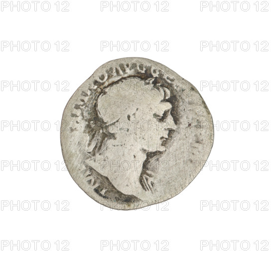 Denarius of Trajan (53–117 CE; emperor 98–117), obverse: head of Trajan right, laurel-wreathed; rim inscription: IMP NO AVG GE. Reverse: Aequitas seated left in a long robe, holding scales in her right hand and a cornucopia in her left; rim inscription: COS VPPSPQR, PRINC. Date: 103–111 CE. Roman Empire; Rome. Coin, weight 3.06 g.