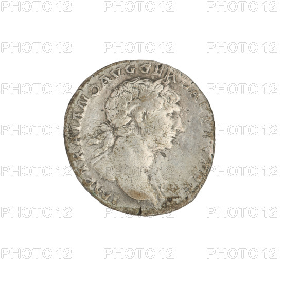 Denarius, Trajan (53–117; Roman emperor 98–117). Obverse: head of Trajan right, decorated with a laurel wreath; rim inscription: IMP TRAIANO AVG GER DAC. Reverse: Vesta standing, turned left, dressed to the waist, throwing gifts into the altar with her right hand, holding a scepter; rim inscription: COS V P P S P Q R OPTIMO PRINC. Date: 103–111. Roman Empire (27 BC–476). Rome. Coin; weight 3.27 g.