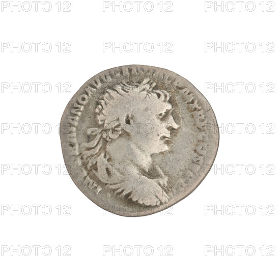 Denarius, Trajan (53–117; Roman emperor 98–117). Obverse: head of Trajan right, decorated with a laurel wreath; rim inscription: IMP TRAIANO AVG GER DAC PM TR COS VPP. Reverse: Pax seated left, dressed in a half-robe, holding a branch in her right hand and a scepter in her left; a Dacian kneels at her feet; rim inscription: SPQR OPTIMO PRINCIPI. Date: 103–111. Roman Empire (27 BC–476). Rome. Coin; weight 2.88 g.