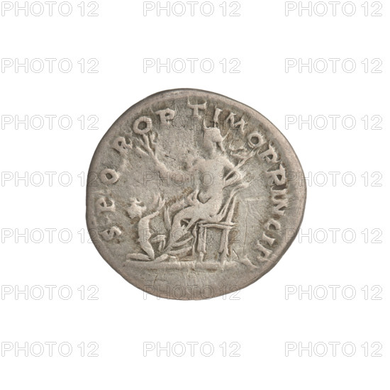 Denarius of Trajan (53–117; Roman emperor 98–117). Obverse: head of Trajan right, wearing a laurel wreath; rim inscription IMP TRAIANO AVG GER DAC PM TR COS VPP. Reverse: Pax seated left, wearing a half-robe, holding a branch in her right hand and a scepter in her left; a Dacian kneels at her feet; rim inscription SPQR OPTIMO PRINCIPI. Date: 103–111. Roman Empire (27 BC–476), Rome. Coin; weight 2.88 g.