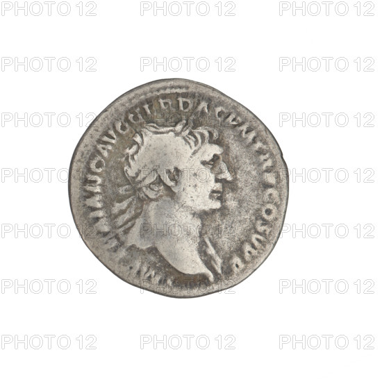 Denarius, Trajan (53–117; Roman emperor 98–117). Obv.: head of Trajan right, decorated with a laurel wreath; rim inscription IMP TRAIANO AVG GER DAC PM TR COS VPP. Rev.: Pax, seated left, dressed in a half-robe, holding a branch in her right hand and a scepter in her left, with a Dacian at her knees; rim inscription SPQR OPTIMO PRINCIPI. Date: 103–111. Roman Empire (27 BC–476), Rome. Coin; weight 2.78 g.