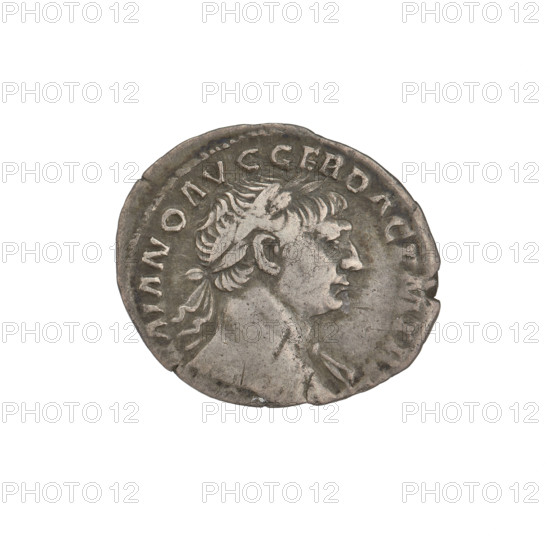 Denarius, Trajan (53–117; Roman emperor 98–117). Obverse: head of Trajan right, decorated with a laurel wreath; rim inscription: IMP TRAIANO AVG GER DAC PM TR. Reverse: Felicitas (personification), standing left in a long robe with draperies, holding a caduceus in her right hand and a cornucopia in her left; rim inscription: COS V P P S P Q R OPTIMO PRINCIPI. Date: 103–111. Roman Empire (27 BC–476). Rome. Coin. Weight: 3.10 g.