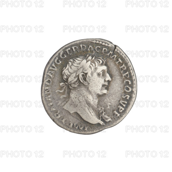 Denarius of Trajan (53–117; Roman emperor 98–117). Obverse: head of Trajan right, laurel-wreathed; rim inscription IMP TRAIANO AVG GER DAC PM TR COS VPP. Reverse: Pax seated left, half-robed, holding a branch in her right hand and a sceptre in her left; a Dacian figure kneels at her feet; rim inscription SPQR OPTIMO PRINCIPI. Date: 103–111. Roman Empire (27 BC–476). Rome. Coin; weight 2.85 g.