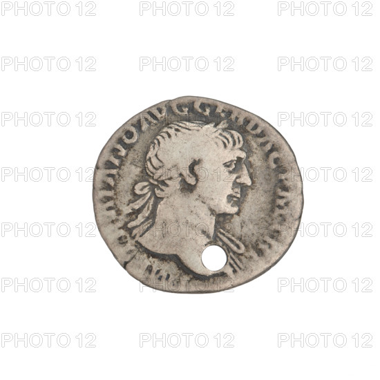 Denarius, Trajan (53–117; Roman emperor 98–117). Obverse: head of Trajan right, decorated with a laurel wreath; rim inscription: IMP TRAIANO AVG GER DAC PM TR. Reverse: Felicitas (personification), standing left in a long robe with draperies, holding a caduceus in her right hand and a horn of plenty in her left; rim inscription: COS VPP SPQR OPTIMO PRINCIPI. Intentional round puncture. Date: 103–111. Roman Empire (27 BC–476), Rome. Coin; weight 2.96 g.