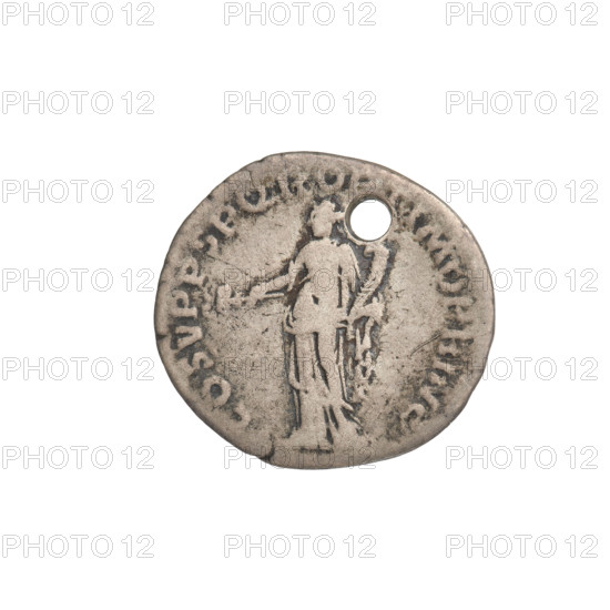 Denarius, Trajan (53–117; Roman emperor 98–117). Obverse: head of Trajan right, wearing a laurel wreath; rim inscription 'IMP TRAIANO AVG GER DAC PM TR'. Reverse: Felicitas (personification) standing left in a long robe with drapery, holding a caduceus in her right hand and a horn of plenty in her left; rim inscription 'COS VPP SPQR OPTIMO PRINCIPI'. Intentional round puncture. Date: 103–111. Roman Empire (27 BC–476). Rome. Coin; weight 2.96 g.